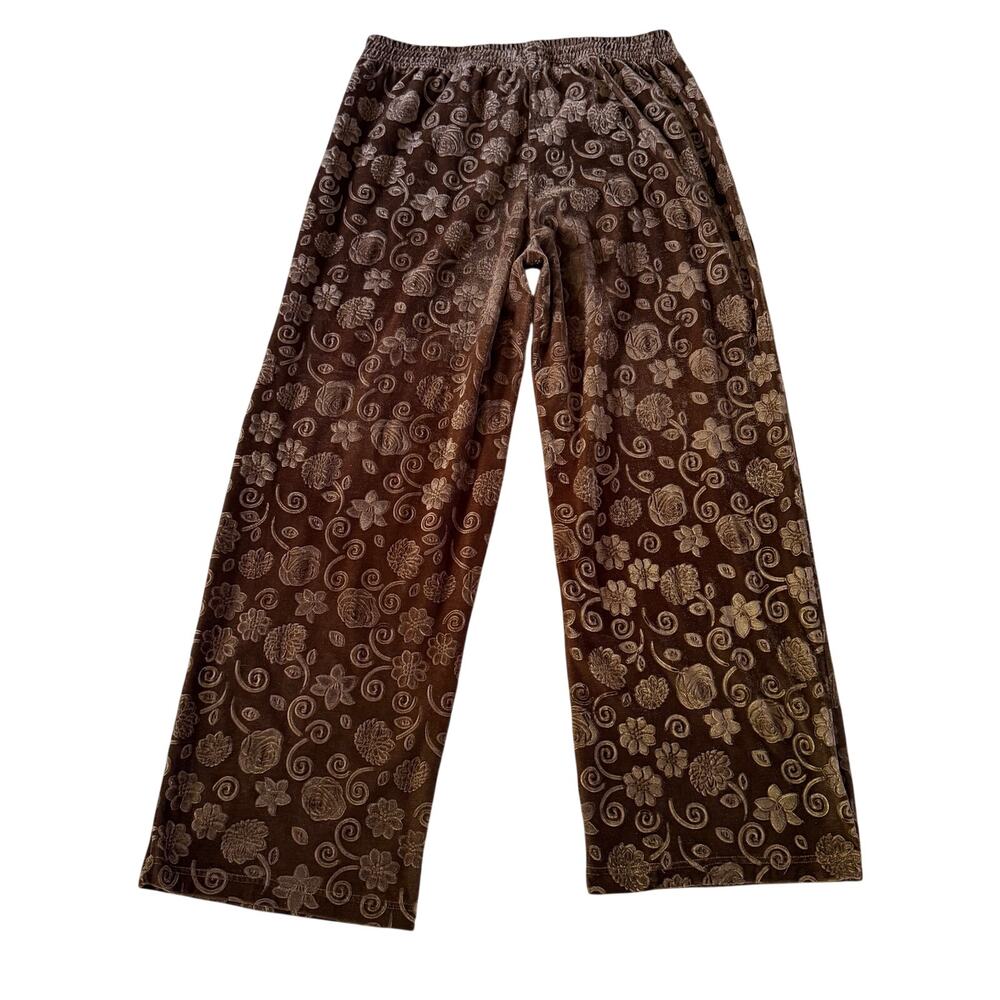 Y2K 2000s Brown Floral Velvet Pull On Pant Stretch L Forest Fairy Grunge